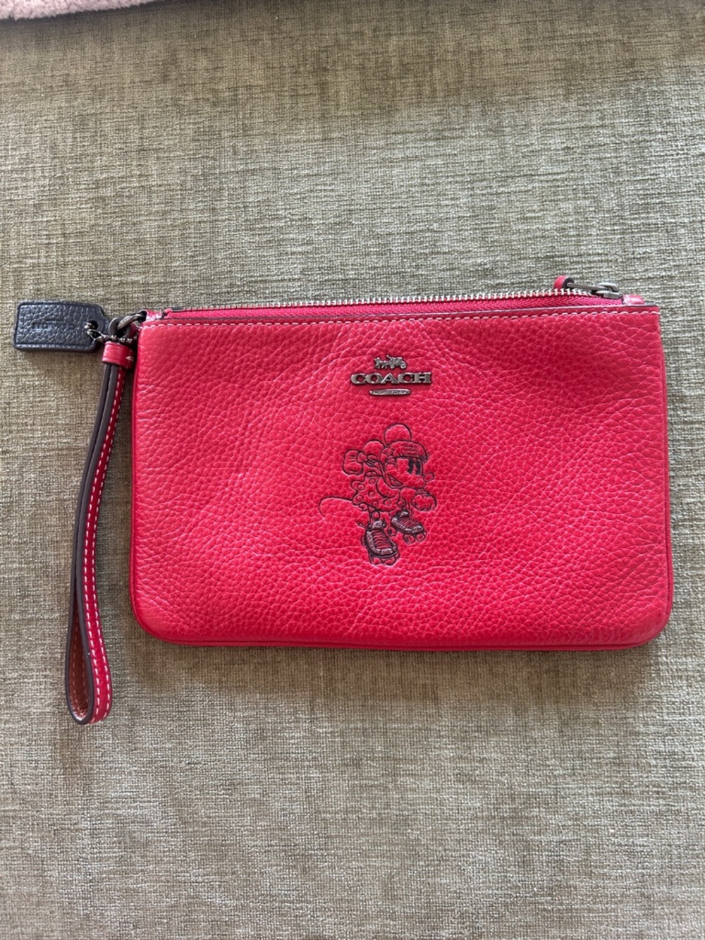 Coach Red Pebbled Leather Wristlet with Minnie Mouse Jammer Roller Derby